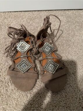 Women's Taupe Suede Gladiator Sandals with Rhinestone Accents